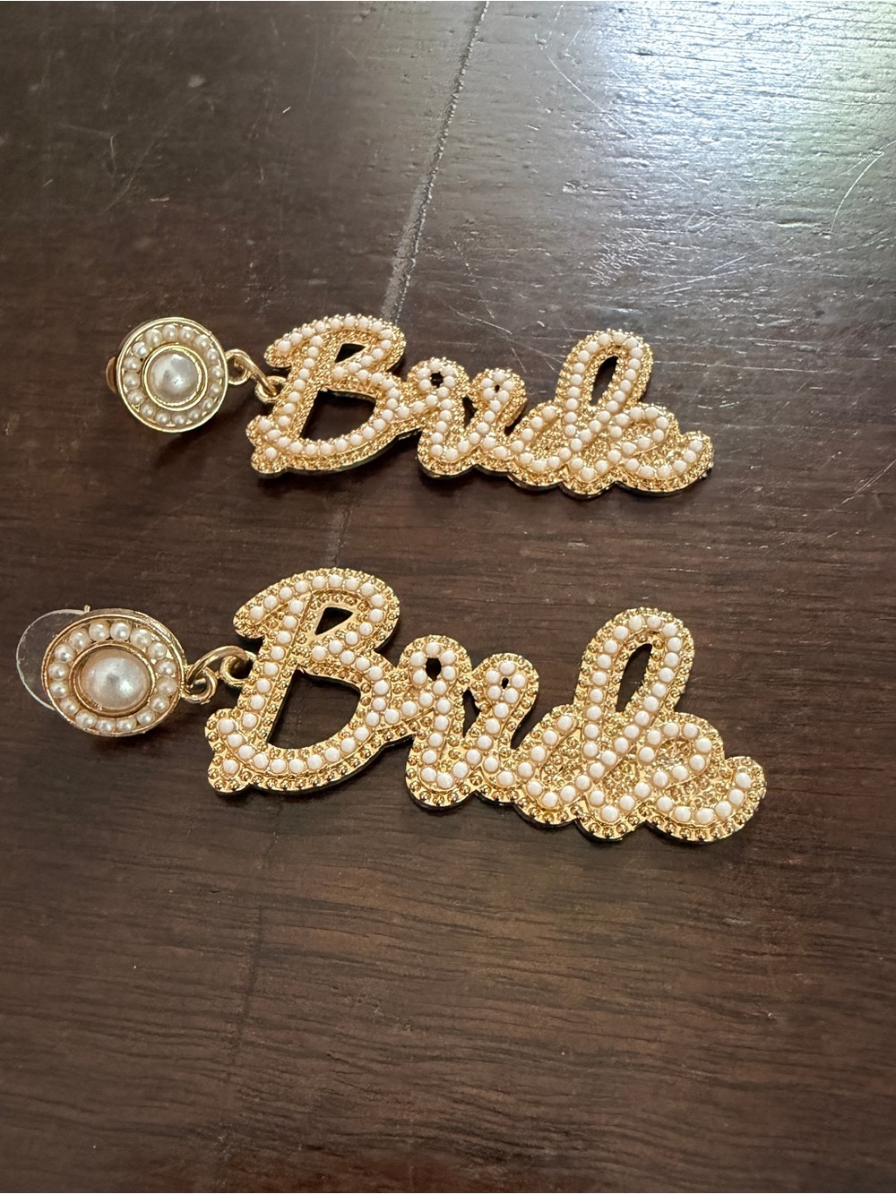 Bride Pearl-Embellished Gold Script Drop Earrings